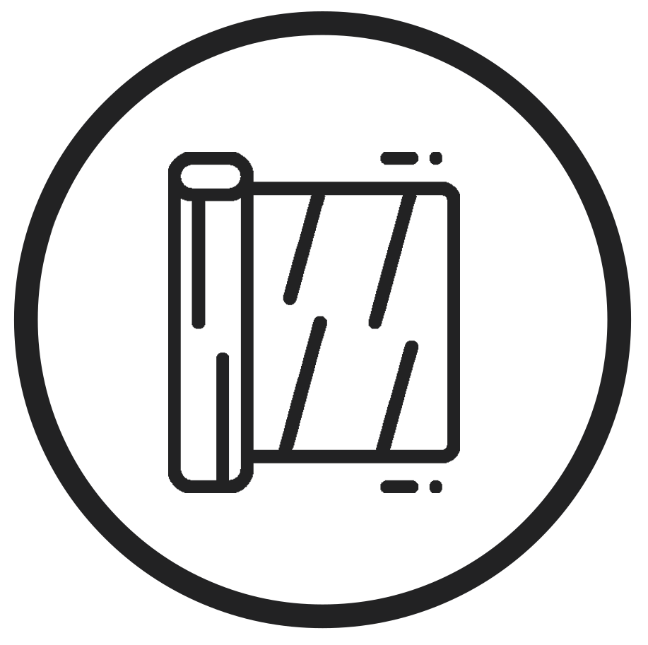 Ein schwarzweißes Symbol einer Papierrolle in einem Kreis.