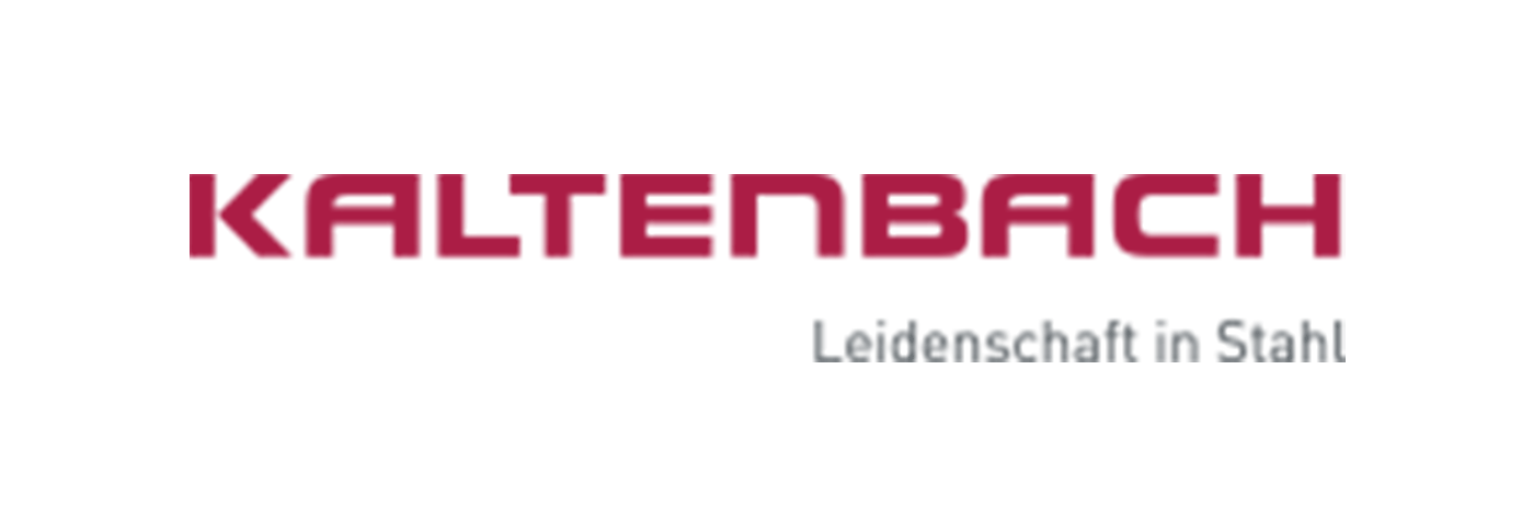 A red and white logo for kaltenbach leidenschaft in stahl