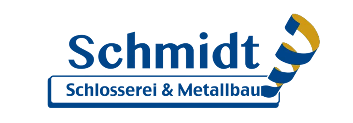 A blue and yellow logo for schmidt schlosserei & metallbau