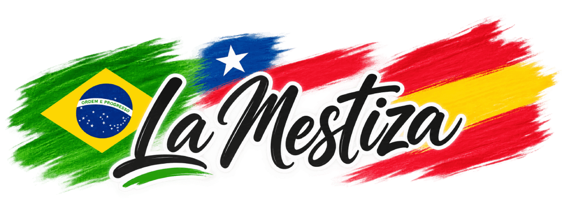 Logotipo de La Mestiza con un motivo de la bandera brasileña en pinceladas verdes, amarillas, azules y rojas.