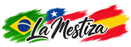 Logotipo de La Mestiza con un motivo de la bandera brasileña en pinceladas verdes, amarillas, azules y rojas.