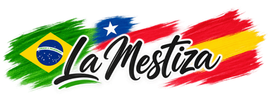 Logotipo de La Mestiza con un motivo de la bandera brasileña en pinceladas verdes, amarillas, azules y rojas.