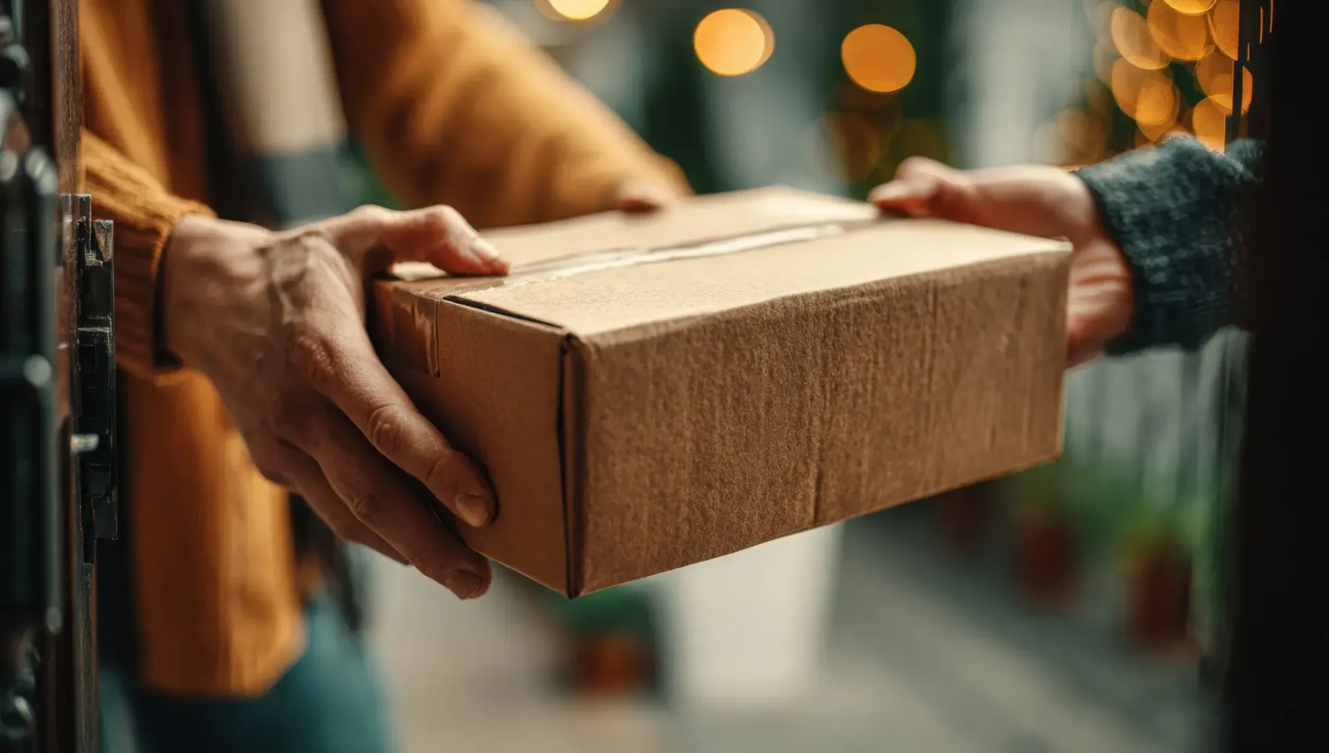 Persona entregando un paquete de cartón a otra persona al aire libre.