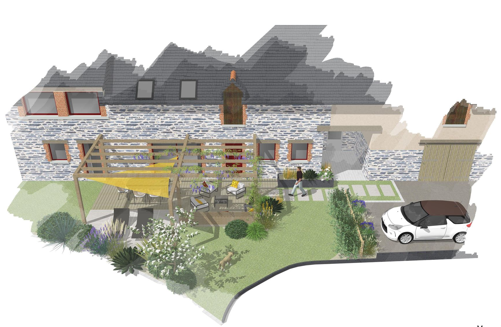 Rendu 3D de l'extérieur d'une maison avec jardin, balcon et voiture garée devant.