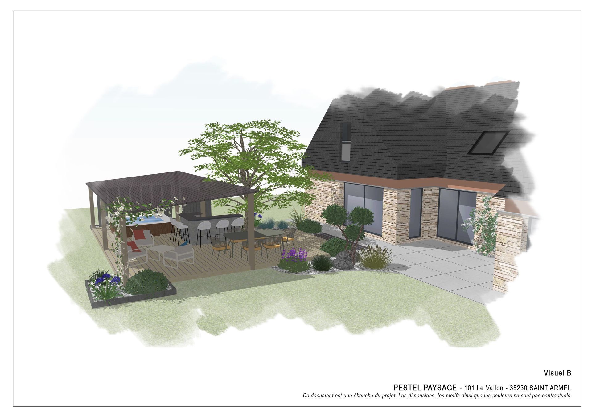 Terrasse extérieure et façade de maison avec pergola, tables, chaises et mur de garage en pierre sous un ciel nuageux