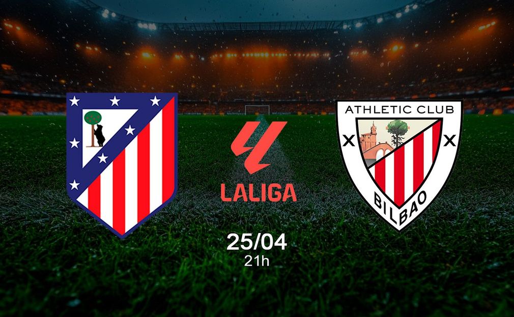 Un gráfico que muestra un partido de LaLiga entre el Atlético de Madrid y el Athletic Club programado para el 25 de abril a las 21:00 en un estadio.