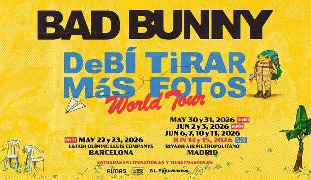 Cartel amarillo de concierto con la inscripción “30 y 31 de Mayo” encima de “BAD BUNNY” en texto negro en negrita.