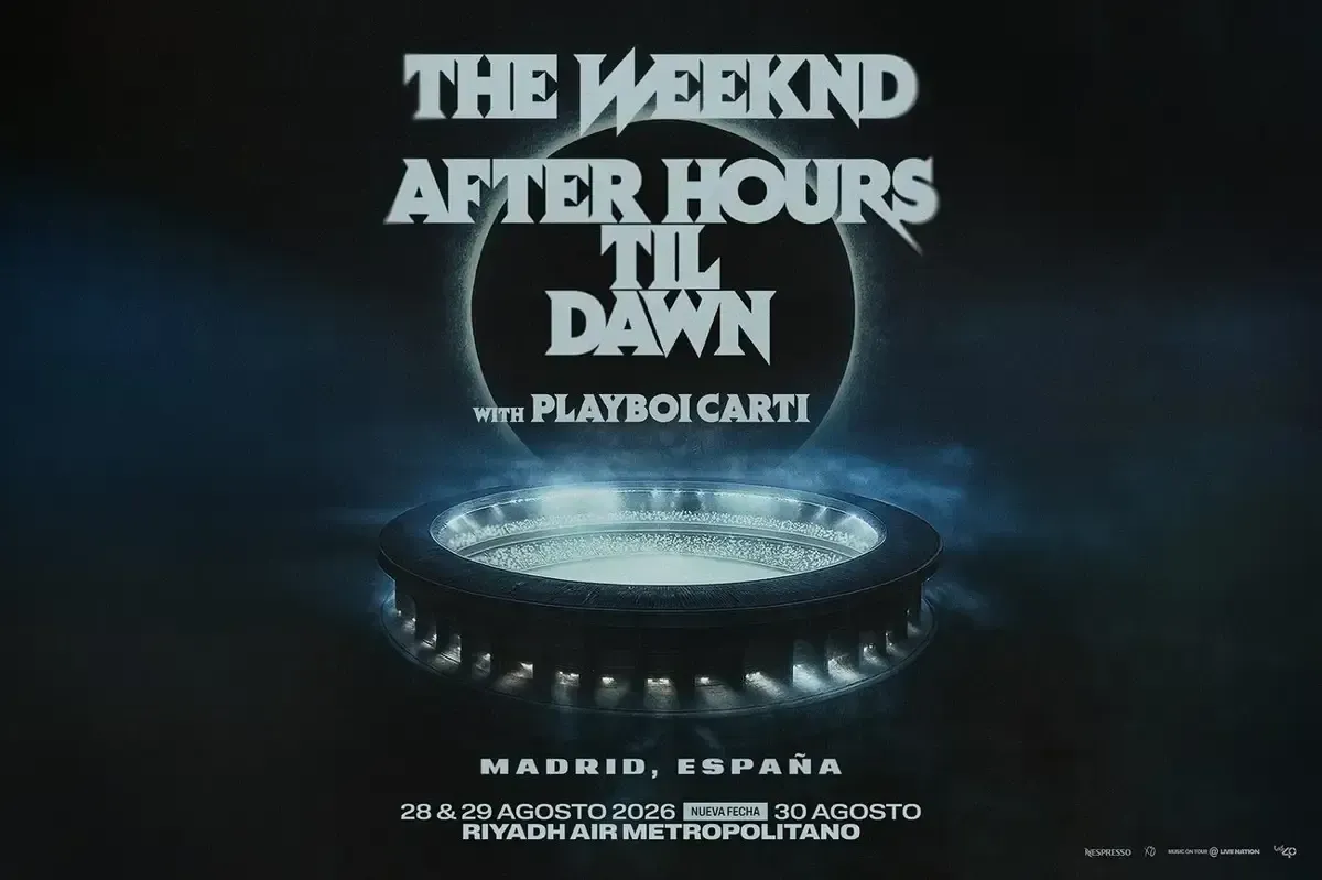 Póster de la gira After Hours Til Dawn de The Weeknd en azul oscuro, con Madrid, España y detalles del concierto.