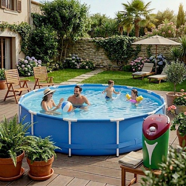 Piscine hors sol dans le jardin avec des personnes qui nagent, entourée de plantes en pot et d'un coin salon de jardin.