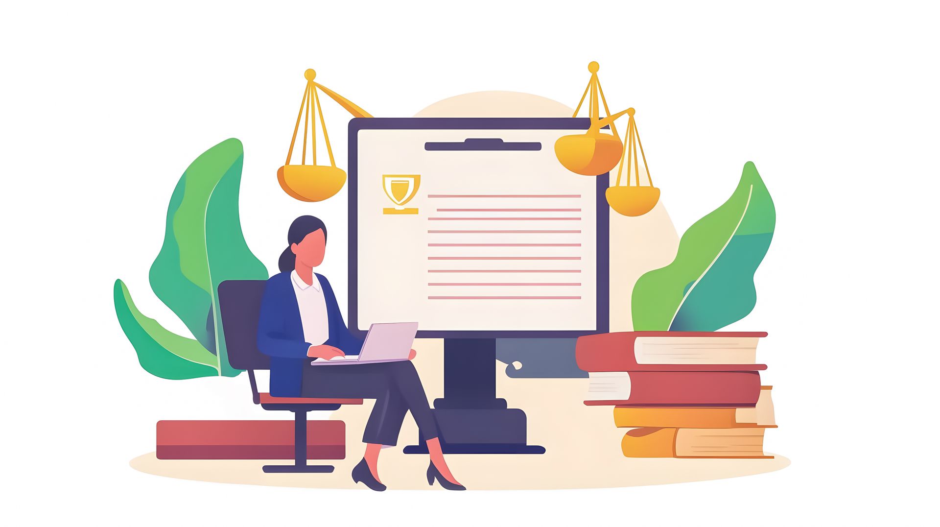 Femme travaillant sur un ordinateur portable devant un document et une balance de la justice, à côté d'une pile de livres.