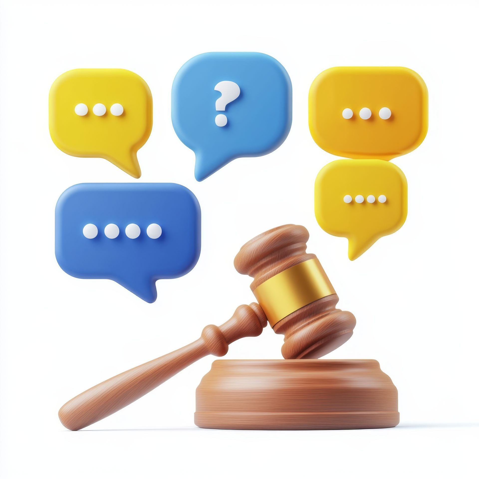 Maillet et bulles de dialogue avec point d'interrogation et points ; discussion ou décisions juridiques.