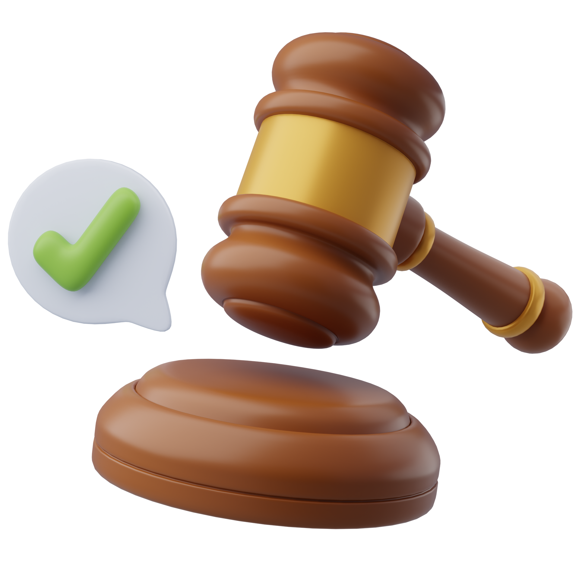 Maillet et bloc avec une bulle de dialogue contenant une coche verte, signifiant l'approbation.