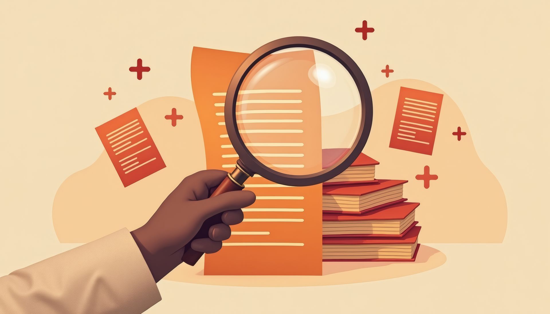 Main avec une loupe examinant un document ; livres et papiers en arrière-plan.