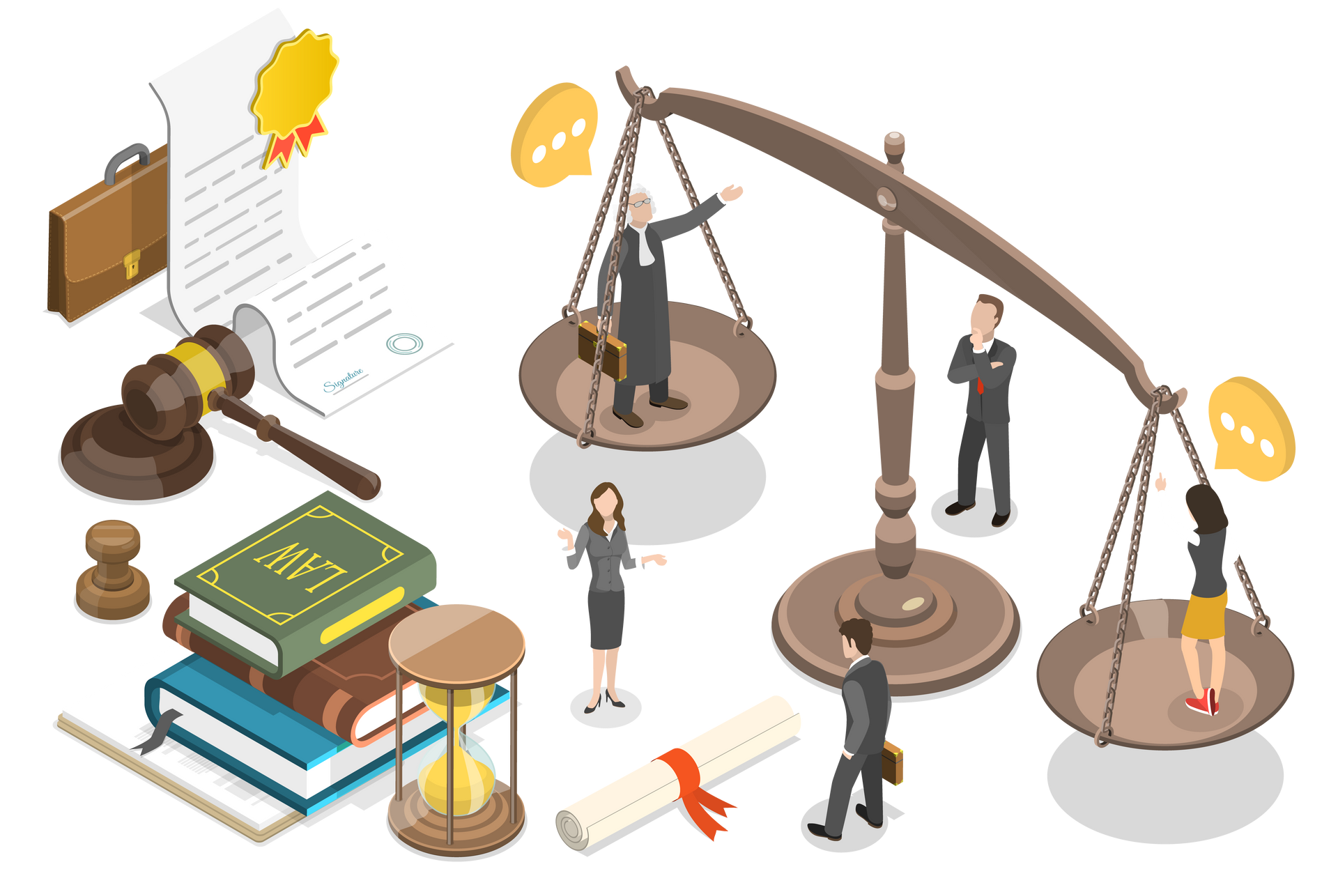 Divers éléments représentatifs du droit : balance, contrat, etc.