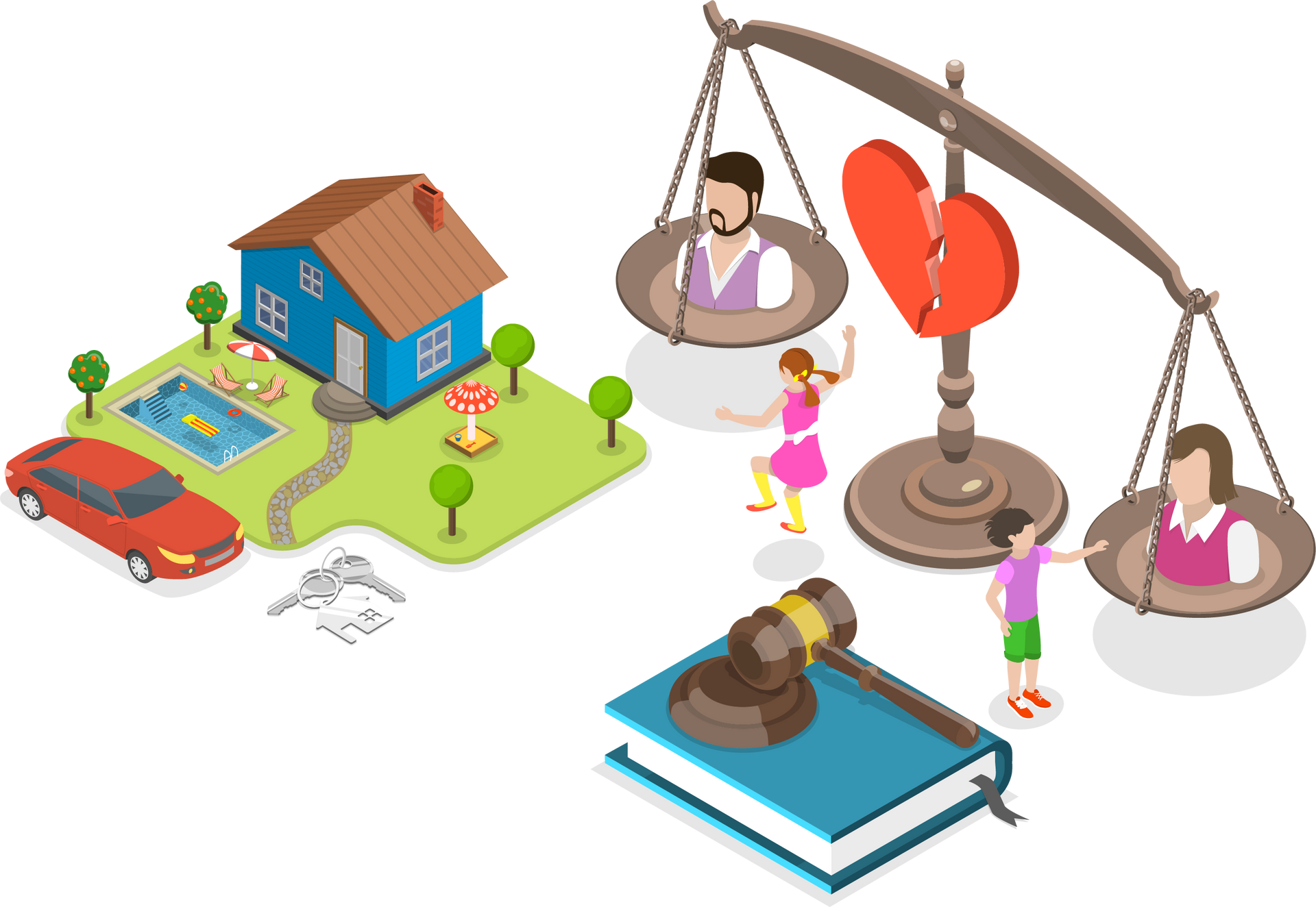 Illustration de divorce : biens, couple sur une balance, cœur brisé, marteau et livre de droit.