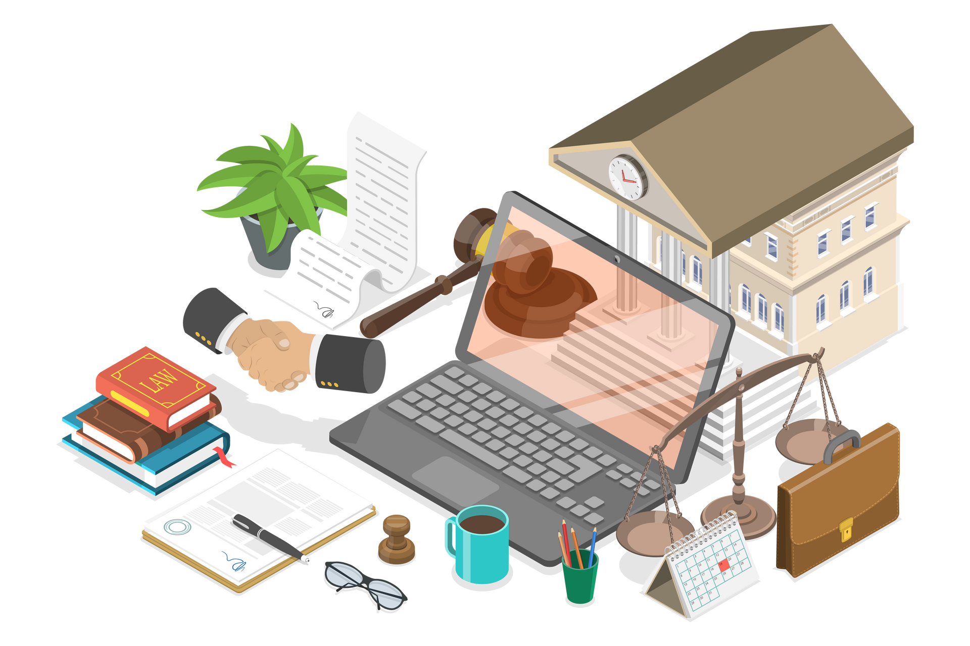 Les services juridiques en ligne : ordinateur portable avec superposition de marteau, palais de justice, livres, poignée de main, balances et documents.