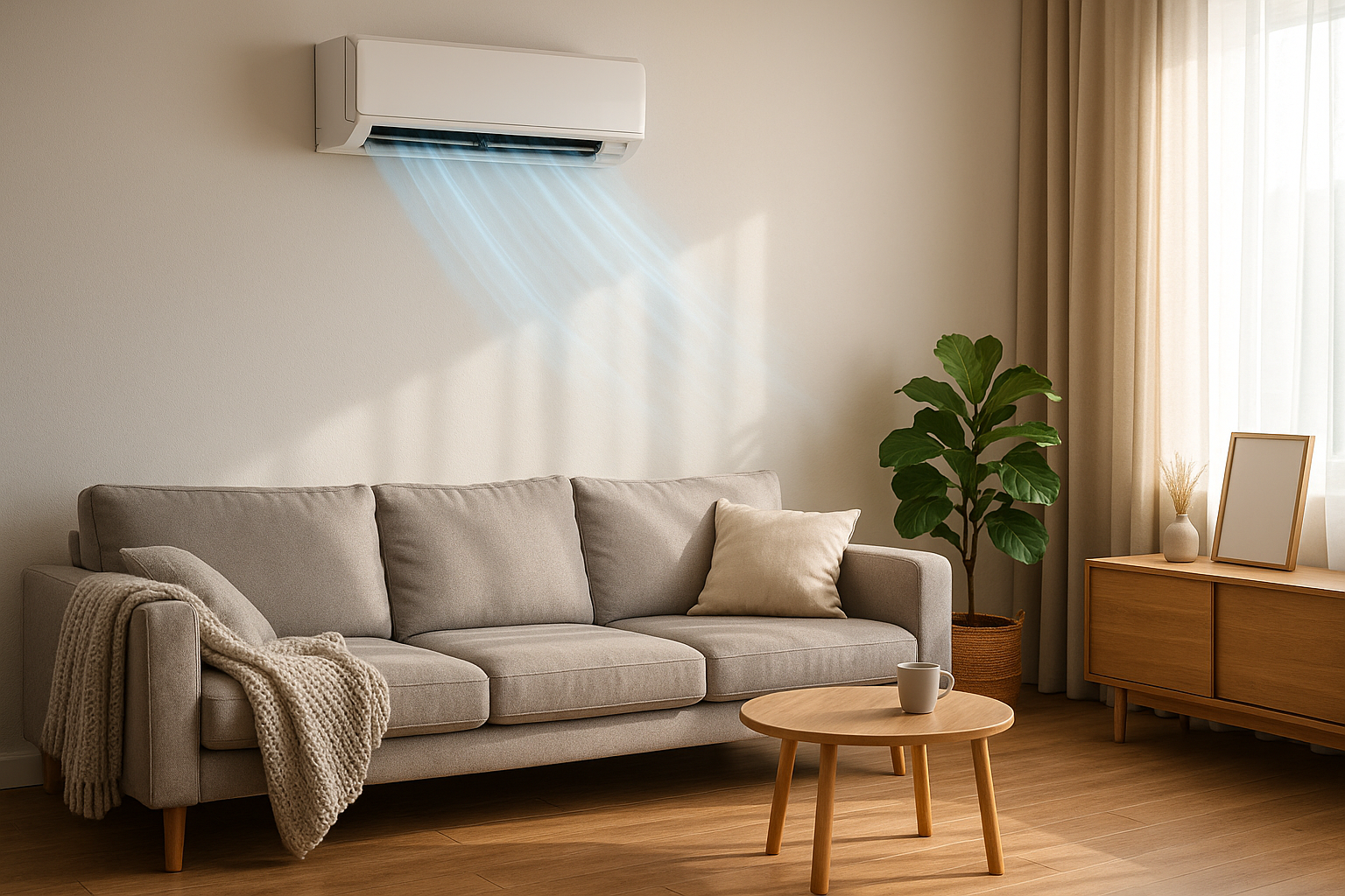 Unité intérieure de climatisation réversible diffusant de l’air chaud et froid dans un salon moderne