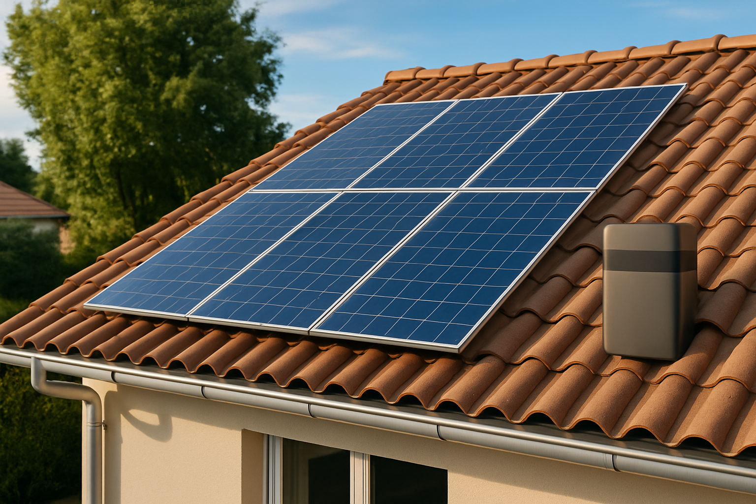 Panneaux solaires sur toit de maison moderne illustrant l’autoconsommation solaire et la production 