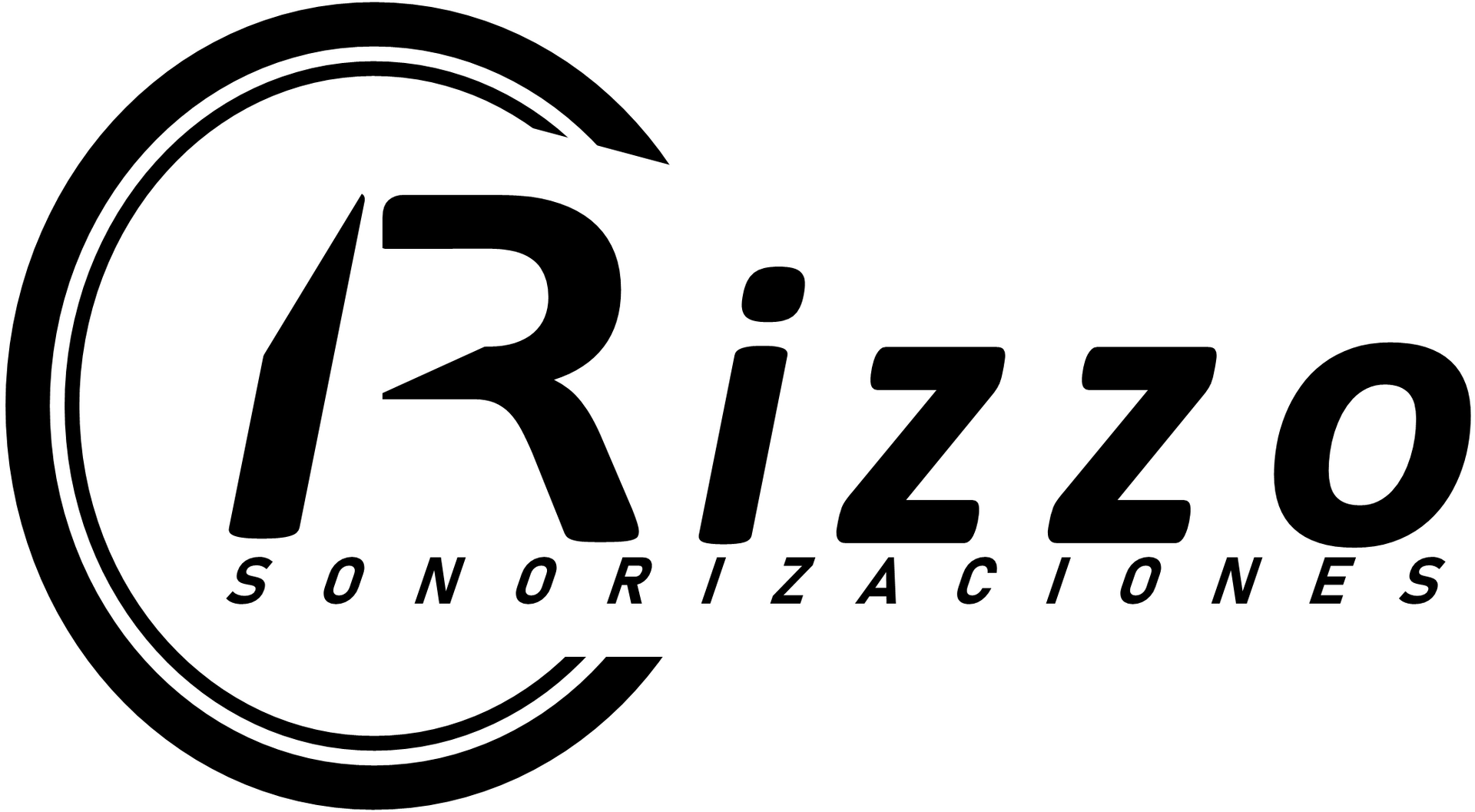 Un logotipo negro con el texto estilizado "Rizzo" dentro de un gr&aacute;fico circular, con la palabra "SONORIZACIONES" debajo.