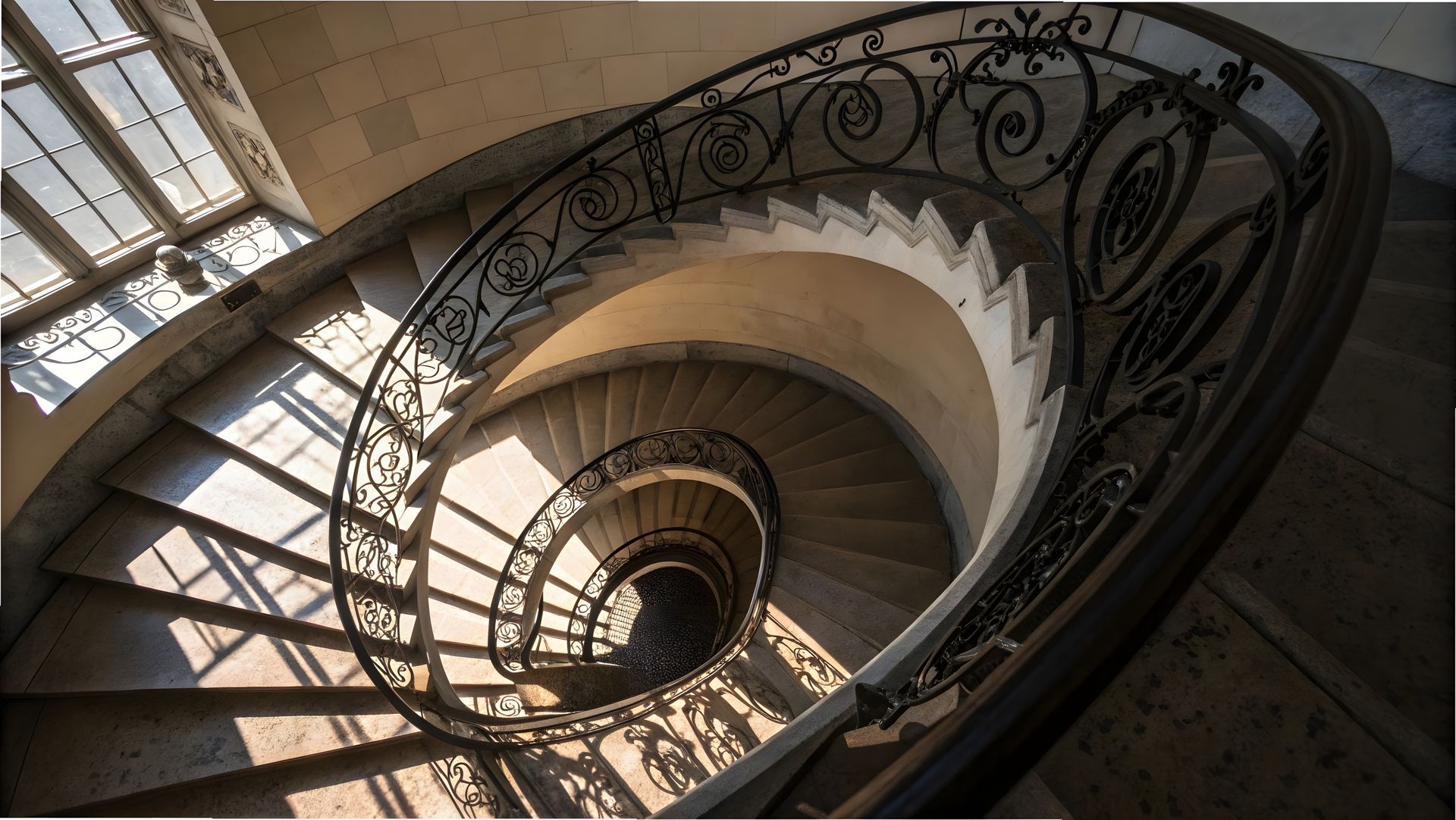 Escalier en colimaçon avec rampe en fer ornée, lumière naturelle projetant des ombres.