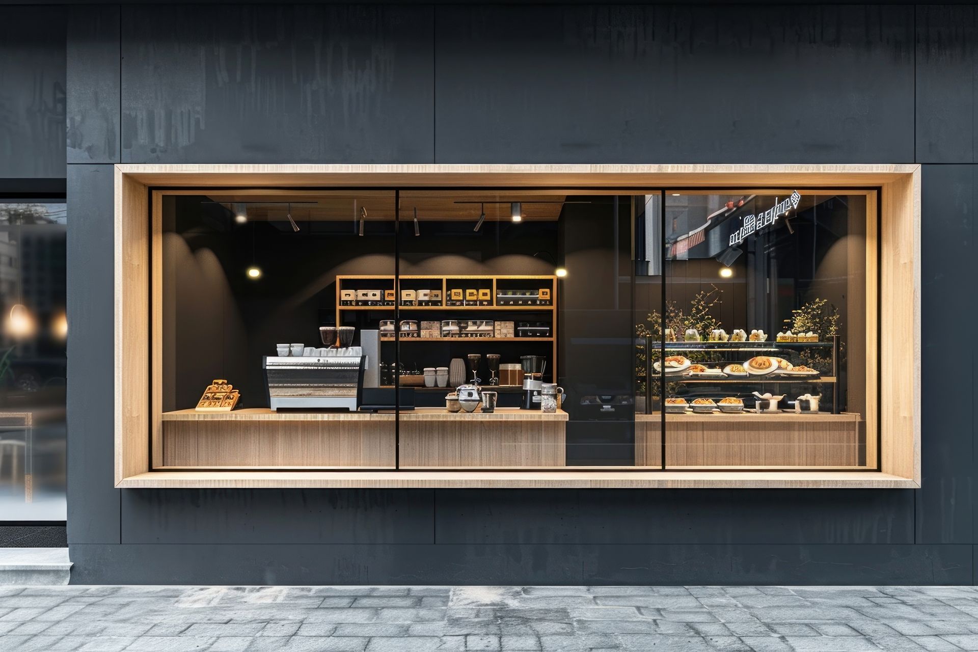 Devanture de café avec grande vitrine à cadre en bois; machine à expresso, produits de boulangerie et étagères avec produits.