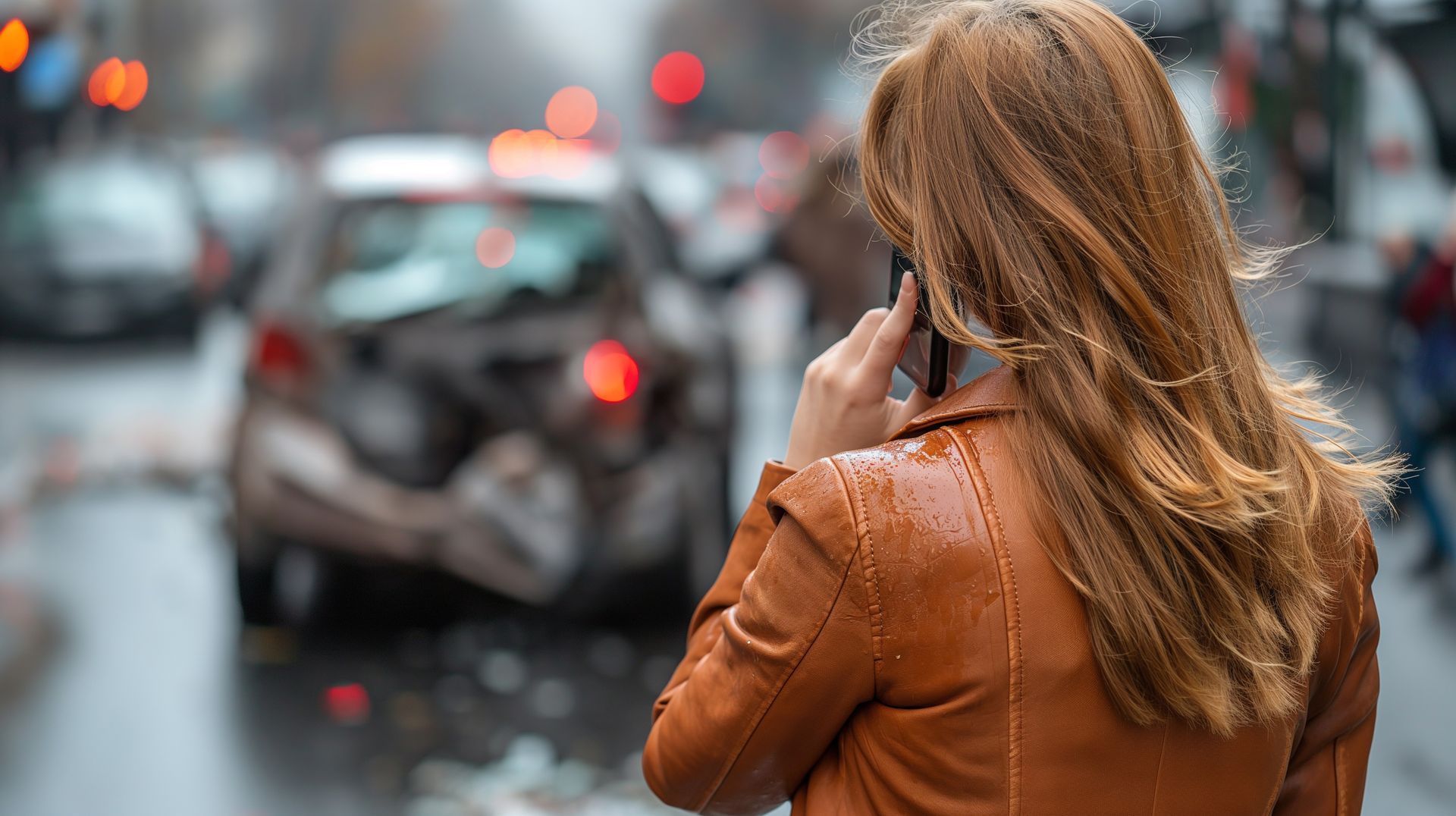 Photo d'une femme au téléphone devant une voiture accidentée
