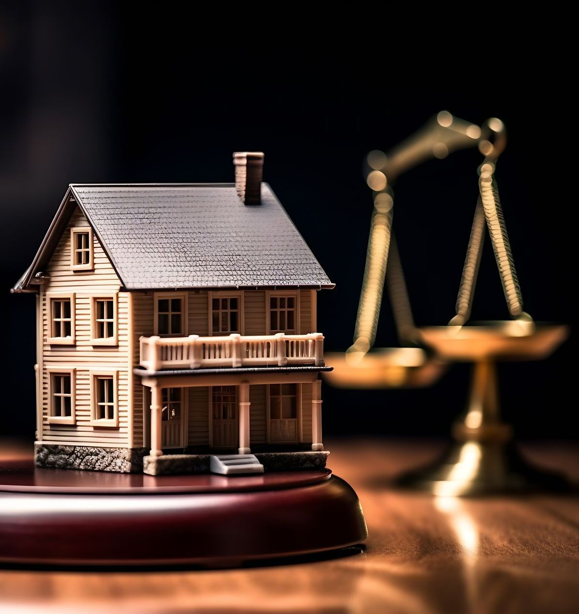 Maquette de maison avec balance de justice dorée en arrière-plan