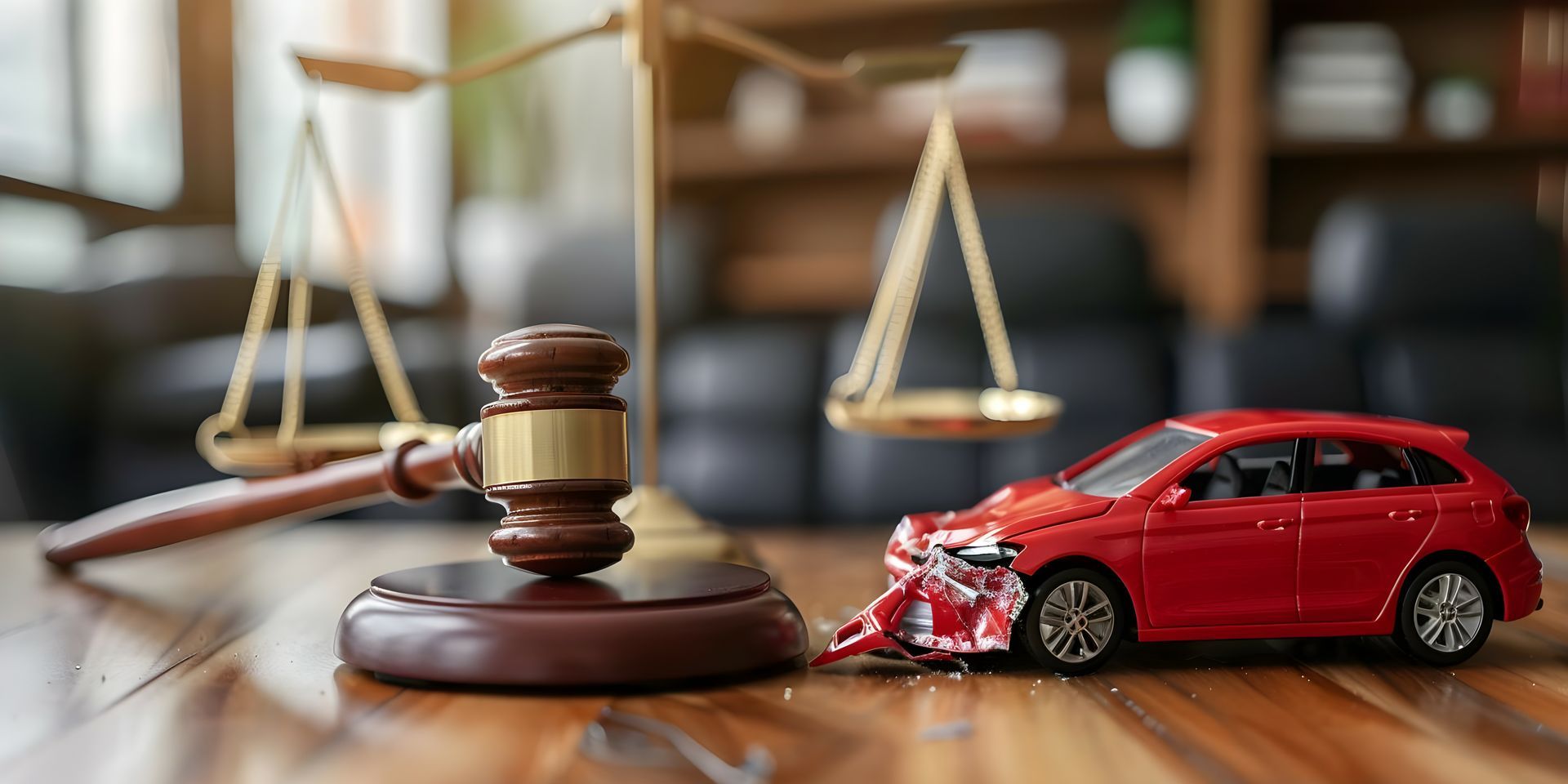 Maquette de voiture rouge accidentée posée sur un bureau et face à un maillet de justice