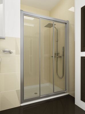 Un baño con una puerta de ducha corrediza de vidrio y un cabezal de ducha.
