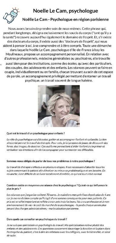 Noëlle Le Cam, psychologue, photographiée au-dessus du texte décrivant ses services professionnels et son cabinet à Issy-les-Moulineaux.