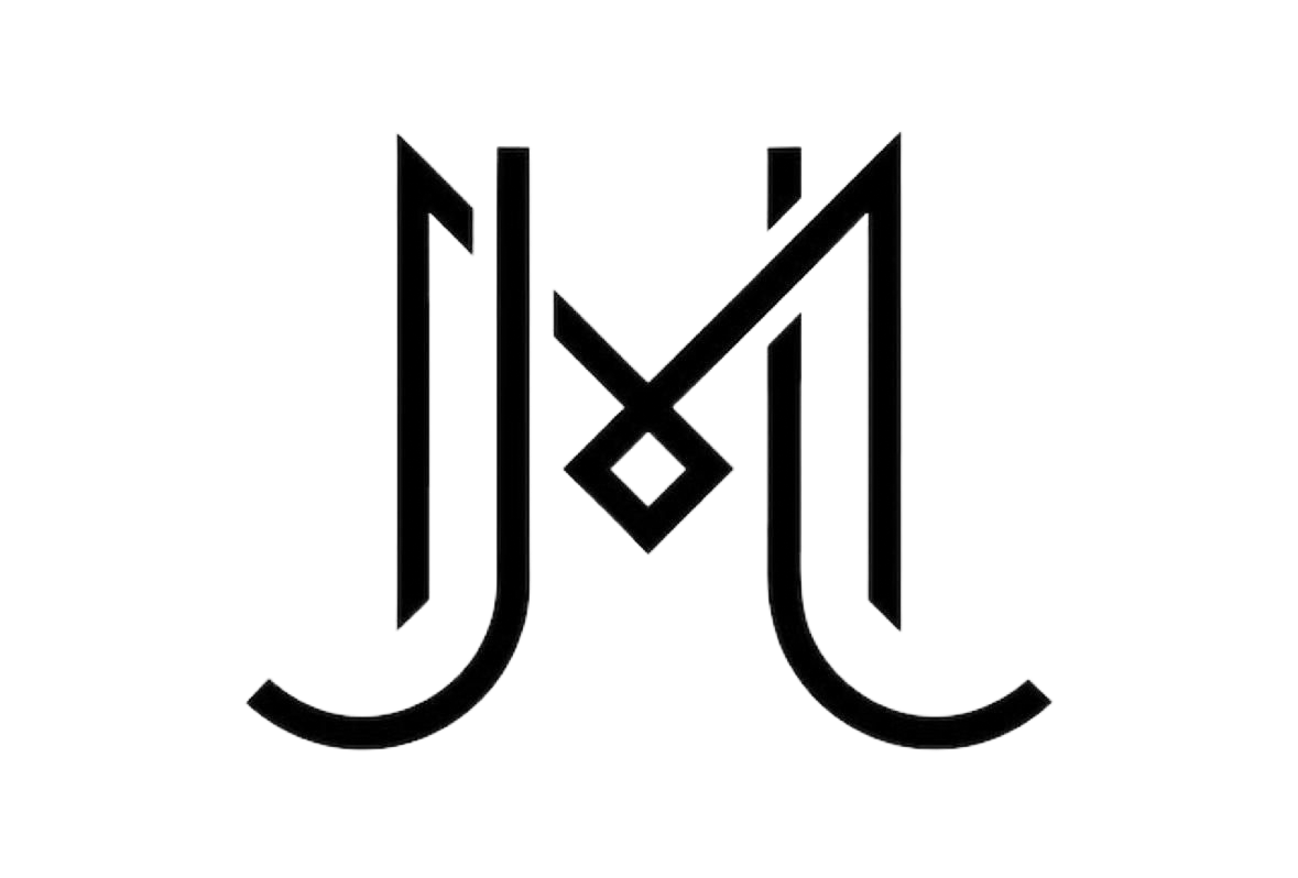 Monograma negro: letras “J” y “M” entrelazadas con forma de diamante.
