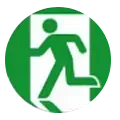 Una señal de salida verde con un hombre saliendo corriendo por una puerta.
