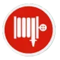 Un círculo rojo con un logotipo blanco dentro.