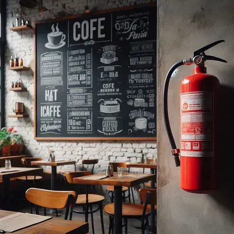 Un extintor de incendios está colgado en la pared de un restaurante.