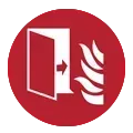 Una señal de salida de incendios con una puerta abierta y llamas en un círculo rojo.