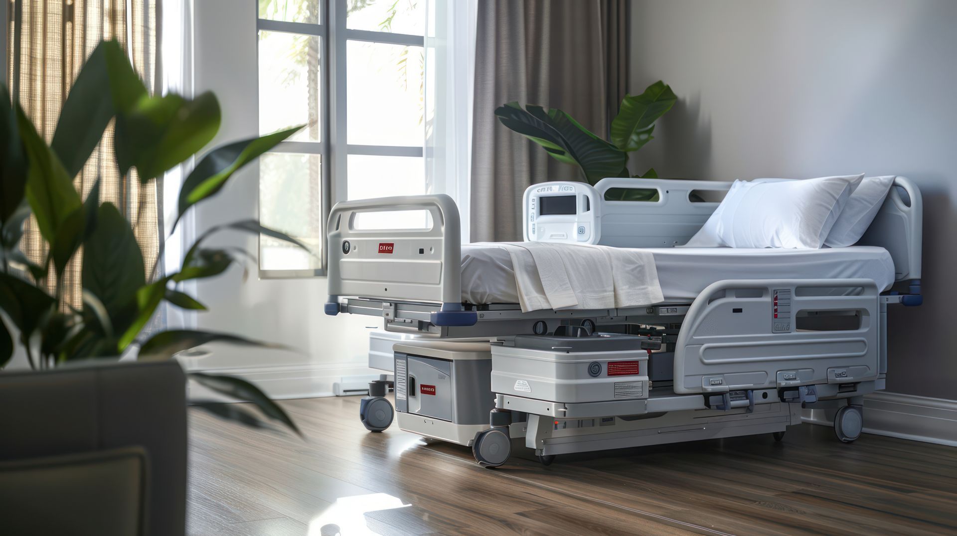 Chambre d'hôpital avec un lit de patient vide, du matériel de surveillance et une douce lumière naturelle provenant de la fenêtre