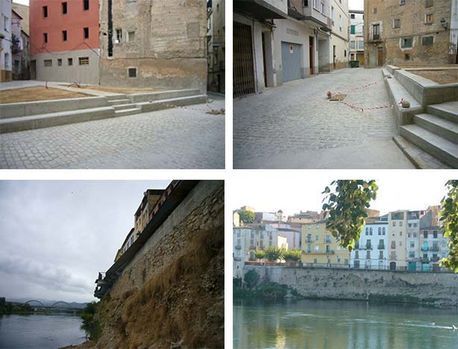 Un collage de cuatro imágenes de edificios y un río.