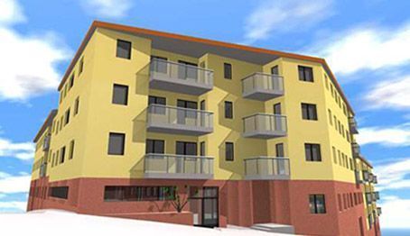 Una imagen generada por computadora de un edificio de apartamentos amarillo y rojo con balcones.
