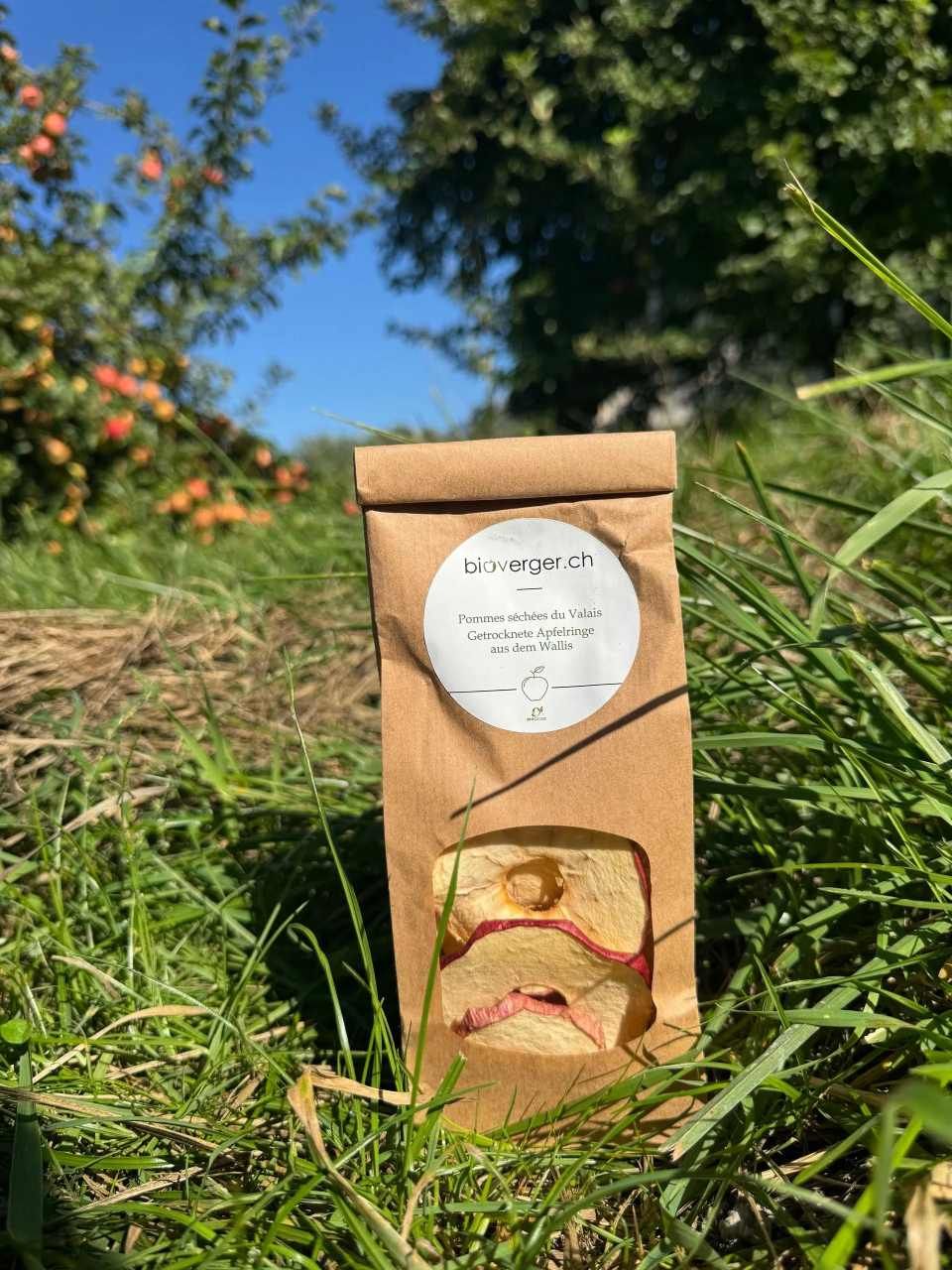 Un sac en papier brun contenant des tranches de pommes séchées.