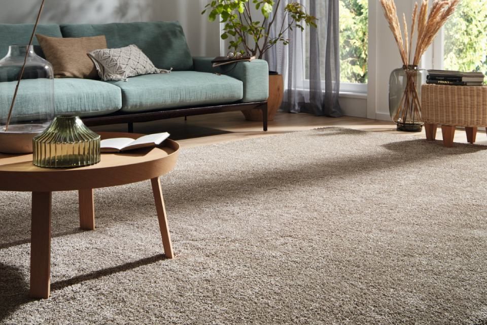 Ein Wohnzimmer mit Couch, Couchtisch und Teppich.