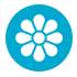 Una flor blanca en un círculo azul sobre un fondo blanco.
