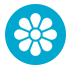 Una flor blanca en un círculo azul sobre un fondo blanco.