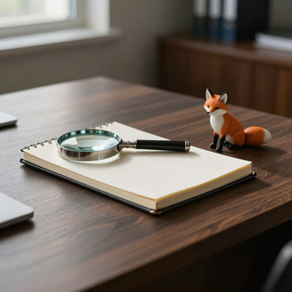 Lupa y cuaderno sobre un escritorio de madera con una pequeña figura de un zorro