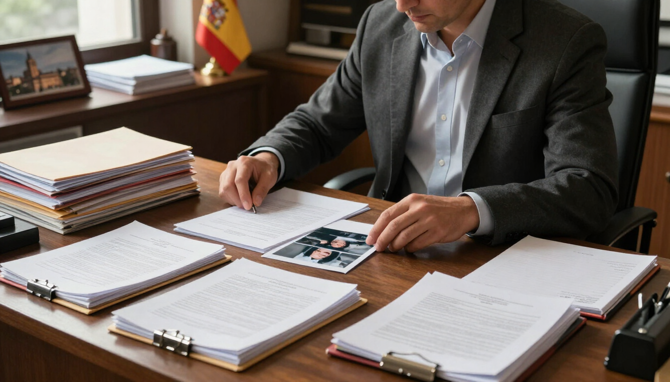 Persona con traje escribiendo en un escritorio cubierto de papeles y documentos apilados