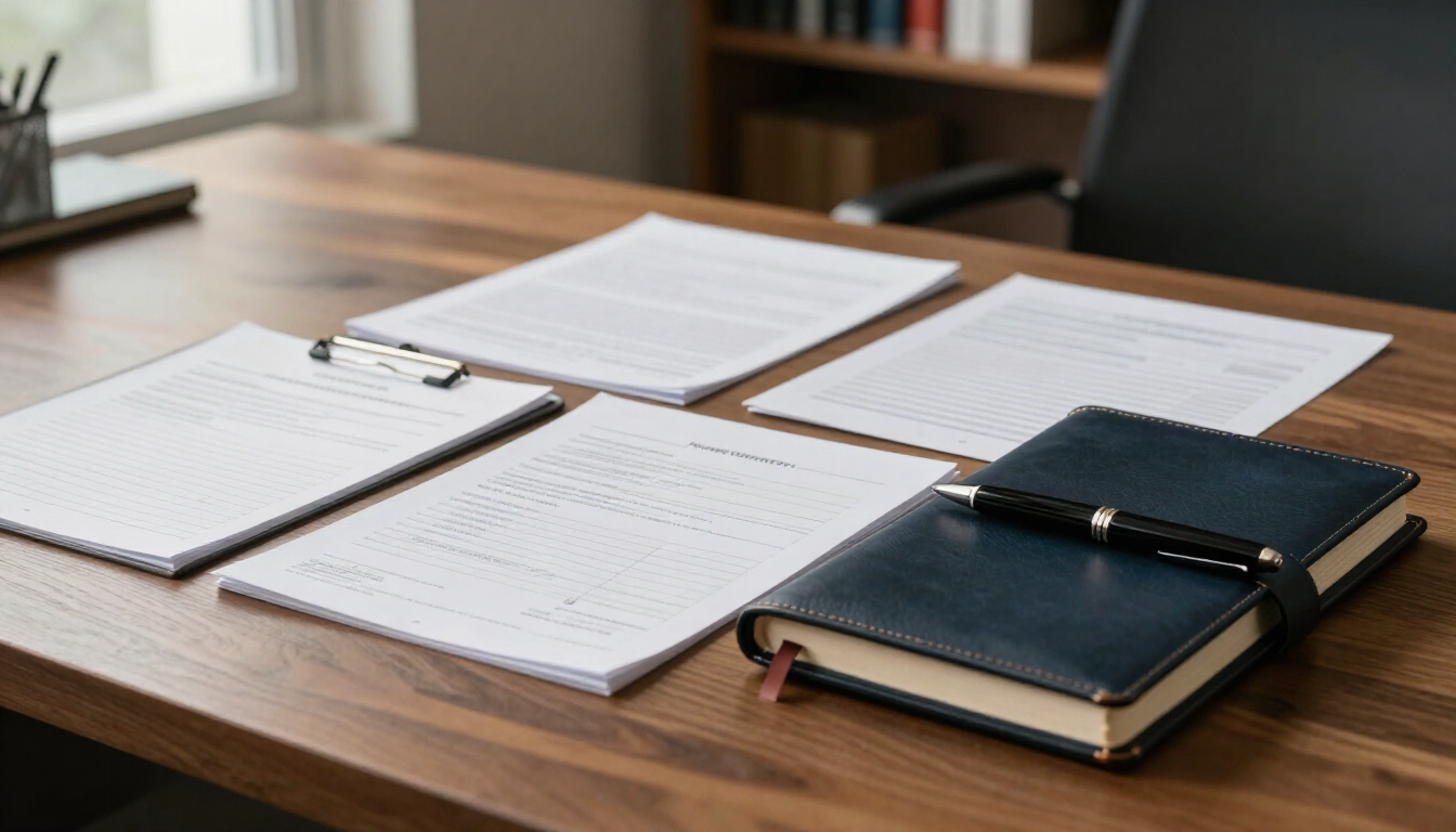 Cuadernos y documentos abiertos sobre un escritorio de madera, con dos cuadernos oscuros apilados a la derecha.