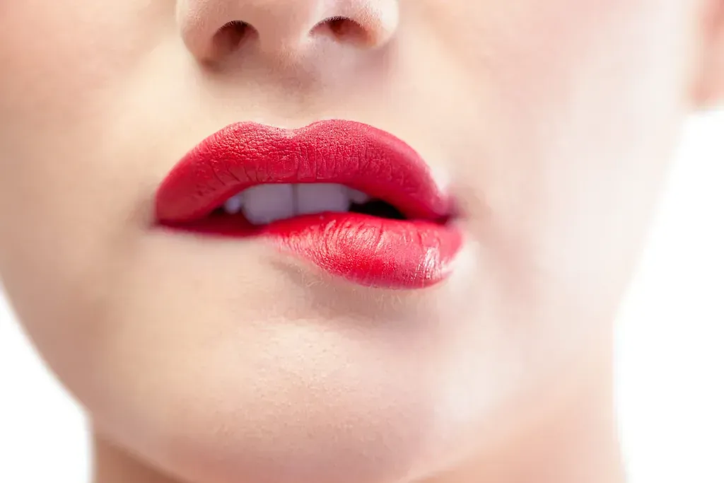 Un primer plano de la boca de una mujer con lápiz labial rojo.