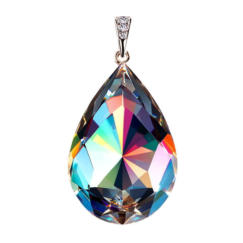 Pendentif en forme de goutte, composé d’un cristal facetté aux reflets arc-en-ciel, suspendu à une bélière avec des zircons.