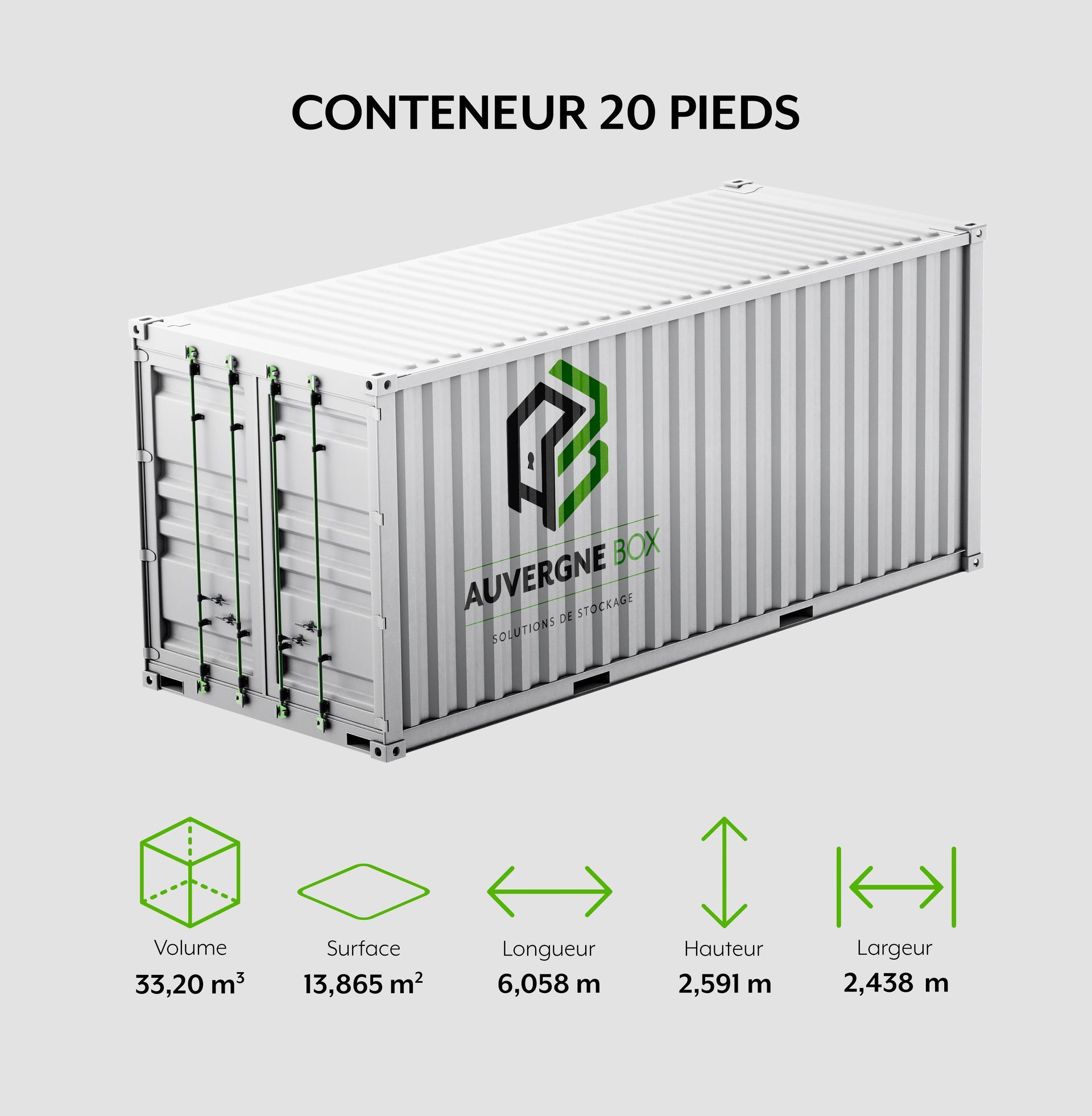 Un conteneur maritime blanc de 20 pieds avec les spécifications suivantes : volume de 33,20 m³, surface de 15,865 m², longueur de 6,058 m, hauteur de 2,591 m, largeur de 2,438 m.