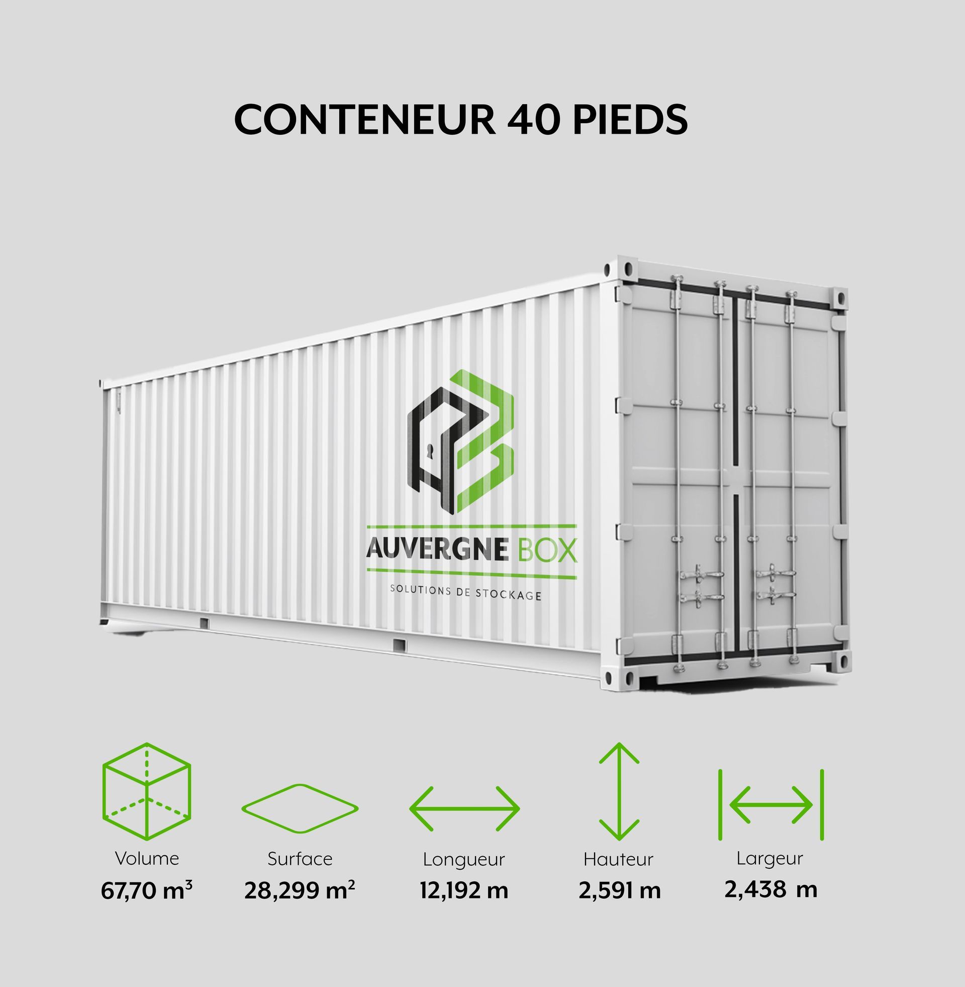 Conteneur maritime blanc de 40 pieds avec logo Auvergne Box, comprenant les dimensions (volume, surface, longueur, hauteur, largeur).