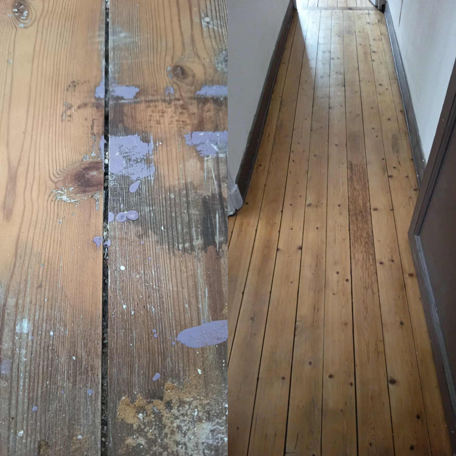 Comparaison de lames de parquet : usées et abîmées à gauche, rénovées et propres à droite